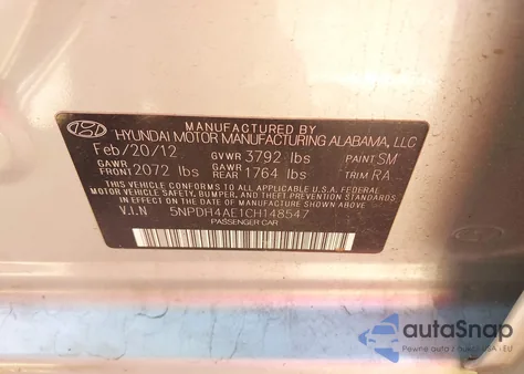 2012 Hyundai Elantra Gls from USA, damaged, VIN 5NPDH4AE1CH148547
